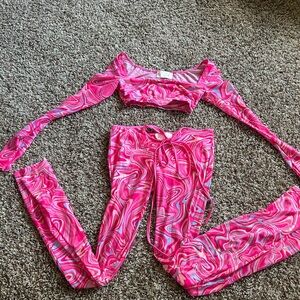 Pink Swirl Long Sleeve Crop Top and Pants Set